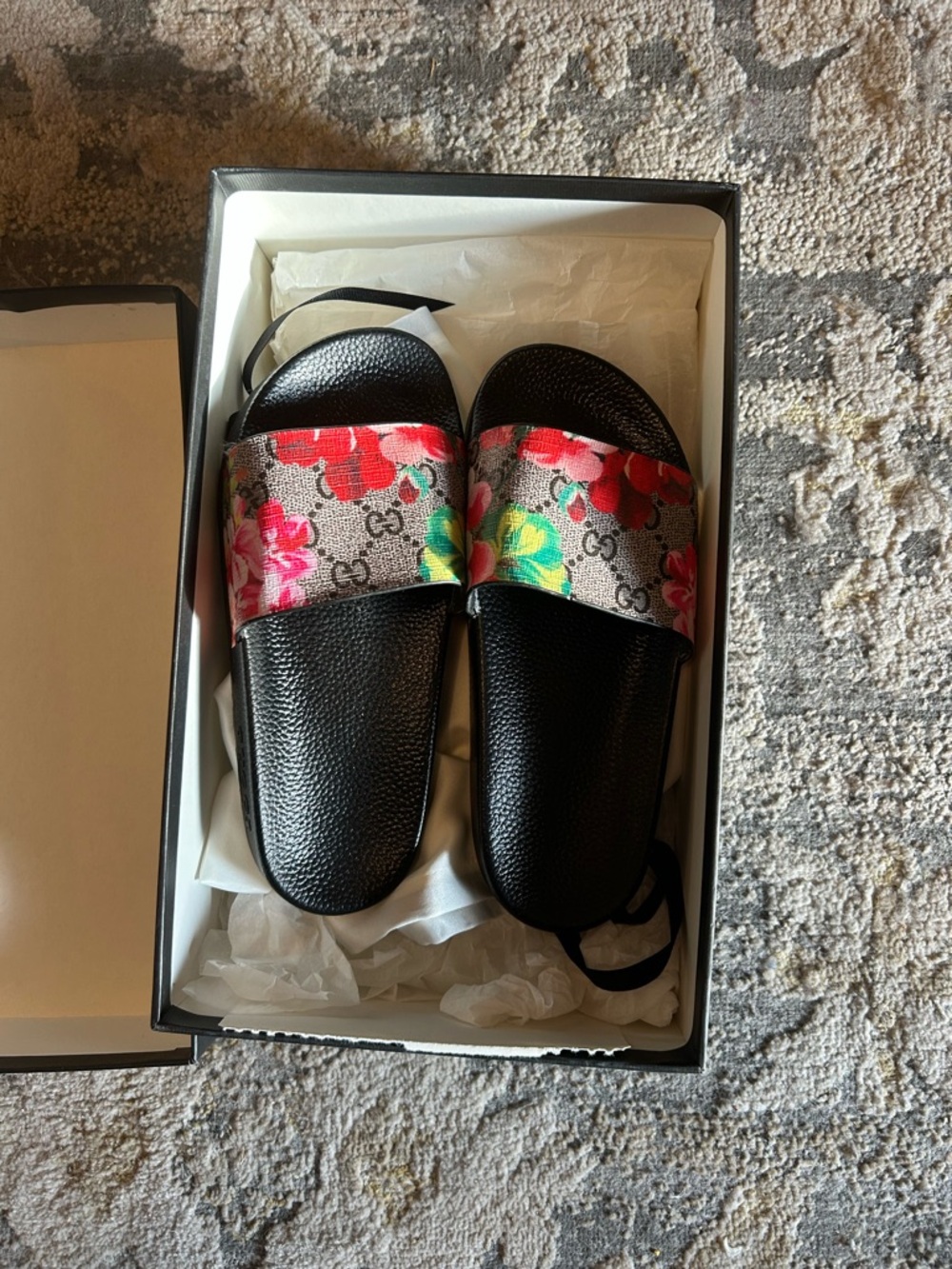 Gucci Floral GG Canvas Black Slide Sandals with Red & Pink Flowers - Picture 7 of 8